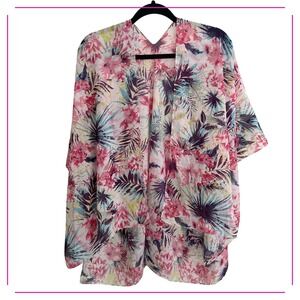 Kollie More Tropical Floral Kimono Wrap Pink Purple Blue Viscose One Size Shawl